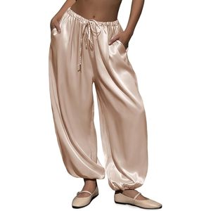Womens Satin Harem <b>Pants</b> Elastic Waist Drawstring Loose Fit Casual Workout <b>Pants</b> With Pockets Mid Waist Barrel Leg Style - Product Image 1
