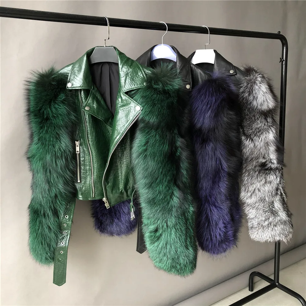 New Design Real Fox Fur Mouwen Leer En Bont Womens Jassen Hoge Kwaliteit Modieuze Dames Winter Jassen