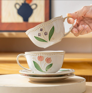 Wholesale Vintage Floral Embossed Ceramic <b>Tea</b> <b>Cup</b> and Saucer <b>Set</b>, Custom Tulip Coffee <b>Cup</b> for Home & Restaurant - Product Image 1