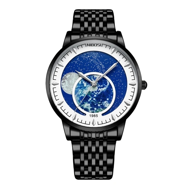NIBOSI 2539 New Black Stainless Steel Quartz Watch Fashion Casual Big Round Design Mens High Quality Waterproof Business Watches