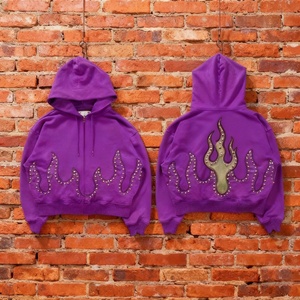Wholesale Custom Heavyweight Oversize Cotton Acid <b>Washed</b> Hoodie Vintage Rhinestone Puff Printing Drop Shoulder Embroidered - Product Image 3