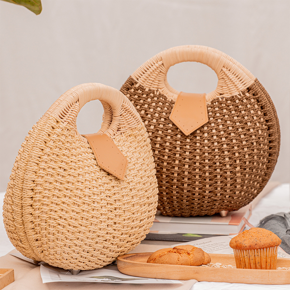 Borsa naturale all'ingrosso di nuovo design tessuta a mano Summer Beach Bali Paper Straw Woven Wicker Egg Basket Bag