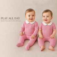 Ensemble bébé en tricot torsadé Pinuotu, col Peter Pan, barboteuse-pantalon à pieds, 3 pièces, rose doux, nouveau-né, OEM ODM, usine personnalisée