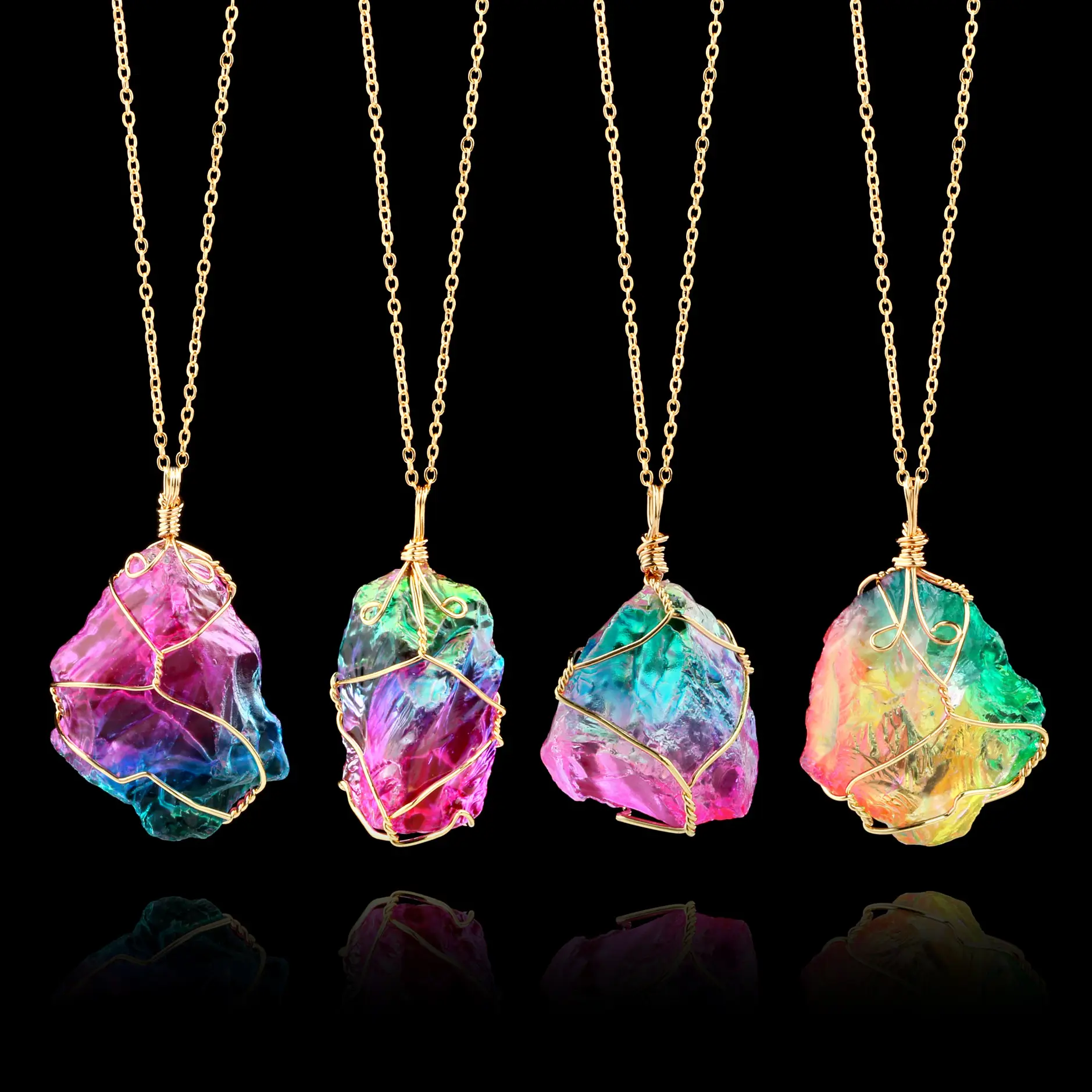 Kalung Liontin Batu Alam Pelangi Fashion Kalung Panjang Kuarsa Rantai Warna Emas Kalung Batu Chakra Kristal untuk Hadiah Wanita
