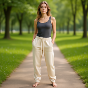 HDJ Women's Casual Harem Pants Beige Cotton Bamboo Fiber Full Length Loose Fit High Waist <b>Drawstring</b> Solid Color Spring Wear - Product Image 2