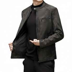 Summer <b>Men's</b> Formal Leather <b>Jacket</b> Stand Collar Windproof Reversible Front Logo High Quality <b>Velvet</b> Warm Motorcycle - Product Image 1