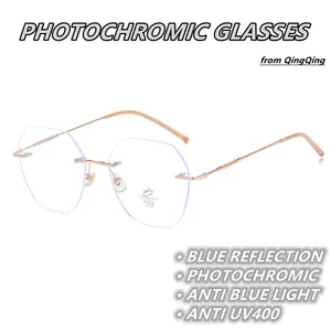Photochromic Anti Blue Light Silver Gold Big Irregular Rimless Homme Lunettes Photogray Anti Reflection Bezel Glasses For Men