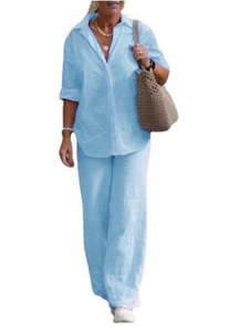 Yuhong 2025 Nuova Collezione Primavera Estate, Completo Camicia e Pantaloni da <span class=keywords><strong>Donna</strong></span>, Abbigliamento Casual alla Moda in <span class=keywords><strong>Lino</strong></span>, Taglie Forti, Set Due Pezzi - Product Image 3