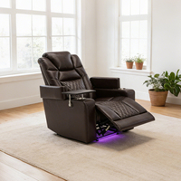 Fauteuil inclinable électrique moderne en cuir avec éclairage LED sur la base, table d'appoint, porte-gobelets, support pour téléphone et mouvement coulissant pour la maison
