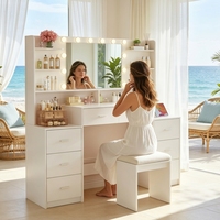 Table de toilette moderne minimaliste en bois avec miroir et lampe, couleur blanche, 8 tiroirs