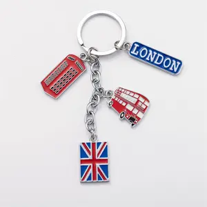 Fashion London Red Bus Telephone Booth Country Flag 4 Charms Keyring Souvenir Keychain