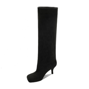 Stivali al ginocchio da donna Moncheer in finta pelle scamosciata con tacco a spillo |   Stivali Invernali Neri e <span class=keywords><strong>Beige</strong></span> Elasticizzati Slim Fit con Tacco Interno per Aumentare l'Altezza - Product Image 2