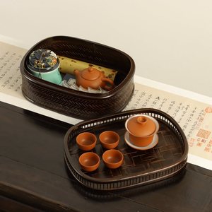 Lacquered Bamboo <b>Weaving</b> Tea Set Storage <b>Basket</b> Rectangle Handmade Dustproof Cover Tea Ceremony Accessories - Product Image 1