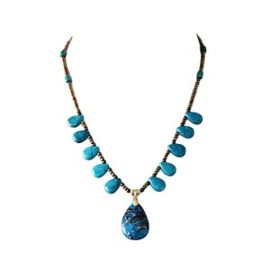 Collier en perles de rocaille avec pendentif goutte d'eau en turquoise naturelle, en alliage de cuivre, bijoux de fête, couleur Vénus, forme goutte d'eau - Product Image 5