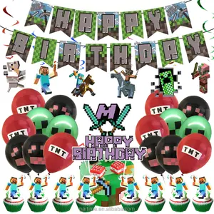 Building Blocks Game Pixel Box Birthday Party Supplies Banner Cake Inserts Spiral My Craft Balloons Decoration Kit Supplies