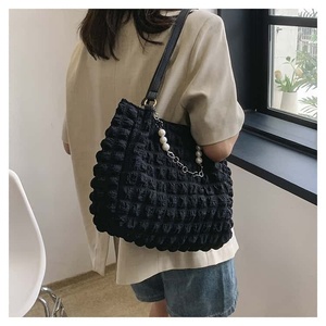 <b>Black</b> Crochet Tote <b>Bag</b> Diamond Lattice Pattern Large Capacity Casual Style Soft Handle Multi Purpose Daily Use - Product Image 5
