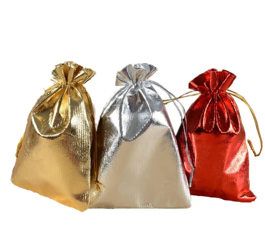 Wholesale Gold Silver Red Metallic Foil Drawstring Jewelry Bags Pouch Christmas Wedding Party Favor Gifts Bags