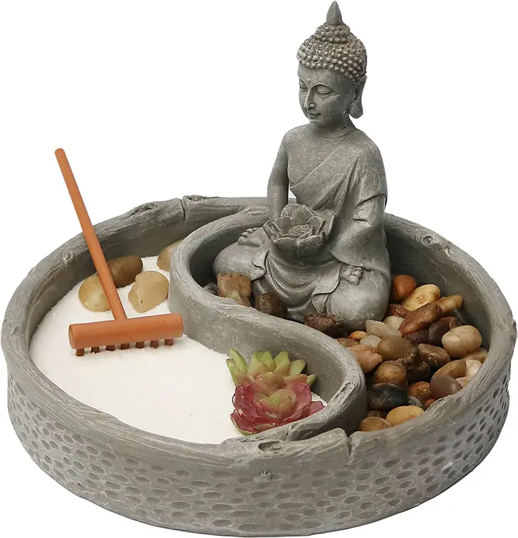 Mini Zen Desktop Garden Kit with Lotus Figurines Buddha Figurines Rake and Natural Sand River Rocks Gift Set for Home and Office