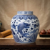Pot à gingembre décoratif artisanal en porcelaine chinoise antique, peint à la main, motif poisson bleu et blanc, écologique et durable, pour table.