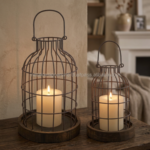 Juego de 2 candelabros de madera y metal desgastados estilo jaula de pájaros para decoración navideña del hogar y otros frascos de velas linternas - Product Image 3