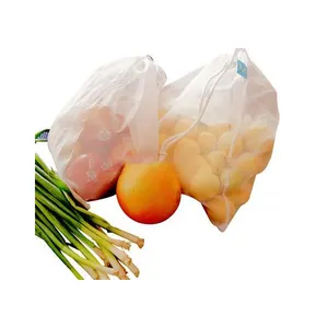Reutilizável pequena cordão malha produtos sacos para loja de alimentos frutas e vegetais