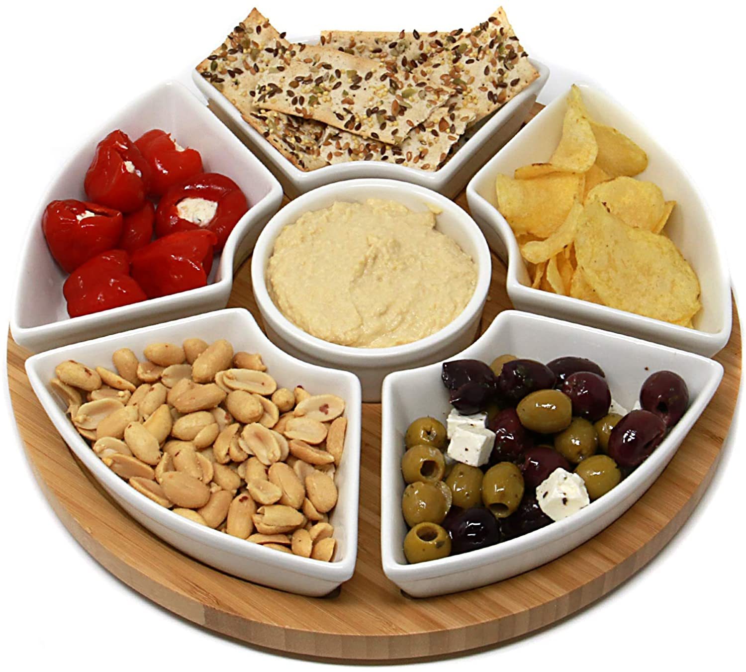 Rotating Dip Set Lazy Susan with 6 Porcelain Dishes & Bamboo