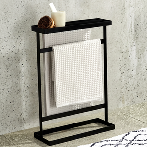 <b>Freestanding</b> Metal Towel Rack with Storage Shelf Modern Bathroom Organizer Stand Dual <b>Bar</b> Holder Space Saving - Product Image 1