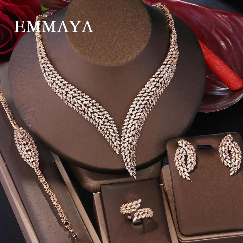 Emmaya Luxus Dubai 4 Stück Schmuck Sets Verlobung Ohrringe Halskette Braut Hochzeit Zirkonia 18 Karat vergoldet Schmuck Sets