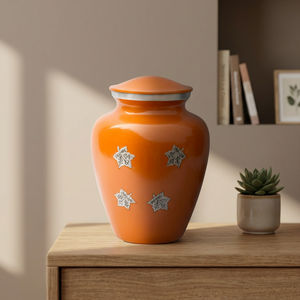 Urna Funeraria Metálica Naranja para Cenizas de Adulto, Urna Conmemorativa Portátil, Recuerdo Ecológico con Tapa Plateada, Artesanía India - Product Image 3