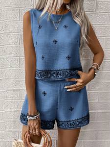 Ensemble 2 pièces long pour femme, haut et short décontractés, brodés, couleur unie, sans manches, col rond, en mousseline de coton 100% tissé, pull-over, faible MOQ, personnalisable - Product Image 4