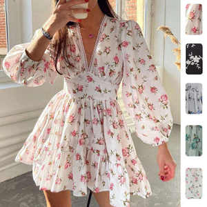 Nuevo Vestido Sexy con Cuello en V para Mujer, Estampado Floral, Manga Farol, Vestido Verde Dulce - Product Image 6