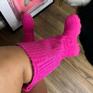 Trendy <b>Round</b> <b>Toe</b> Flat Square <b>Heel</b> Shoes Women's Plush Long Boots Soft Knee High Booties Flats With on - Product Image 5