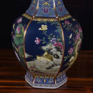 Vase hexagonal en porcelaine antique de l'ère Qing Qianlong, art déco, <span class=keywords><strong>bleu</strong></span> <span class=keywords><strong>et</strong></span> <span class=keywords><strong>or</strong></span>, fleurs <span class=keywords><strong>et</strong></span> oiseaux, émaillé, céramique, écologique, pour la maison - Product Image 5