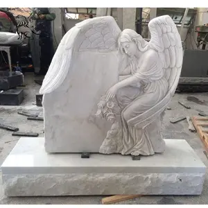 BLVE Wholesale Custom Hand Carved Modern Art Natural Stone Headstone Life Size White Marble Female Angel Tombstone