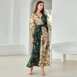 Ramadan Robe Dresses For Women 2024 Elegant Long Sleeve Printing Patchwork Evening Party Dubai Abaya Muslim Casual Dress