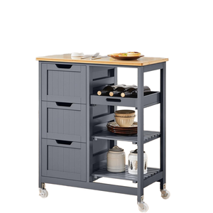 Carrito de Bar Rodante con Panel Superior de Madera Sólida, 3 Cajones y 3 Estantes Extraíbles, Carrito de Servicio Moderno para Comedor/Cocina Pequeña - Product Image 1