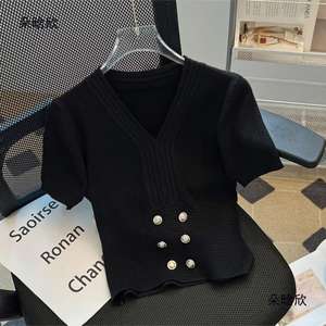 Pull en tricot à manches courtes à col en V pour femmes couleur unie anti-boulochage et respirant par des modèles explosifs - Product Image 5