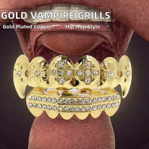 Grilles dentaires Hip Hop pour dents supérieures et inférieures, style « Iced Out » à taille brillante, unisexe, plaqué or jaune 14 carats, bijoux corporels - Product Image 5