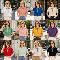 Pull en maille pour femme avec bordure contrastante, manches classiques, coupe ample, respirant, anti-plis, séchage rapide, décontracté, pour le golf, avec boutons