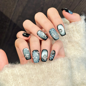 Design # 3431 Ongles artificiels carrés faits à la main, motif flocon de neige 3D avec strass, effet œil de chat <span class=keywords><strong>bleu</strong></span> foncé, à presser - Product Image 5