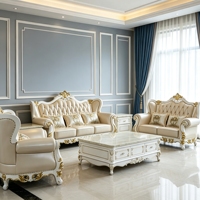 Europäisches Klassisches Goldgeschnitztes Ledersofa-Set Luxus-Villa Wohnzimmer Massivholzrahmen Couch Wohnmöbel