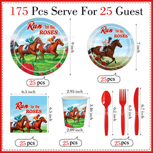 Kit de fournitures de fête jetables Run For The Roses, assiettes en papier, gobelets, serviettes, ustensiles, décorations sur le thème des courses de chevaux - Product Image 2