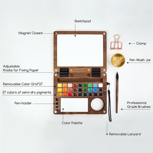 MEEDEN Set <span class=keywords><strong>de</strong></span> peinture à l'aquarelle <span class=keywords><strong>de</strong></span> voyage 27 couleurs boîte portable en bois <span class=keywords><strong>de</strong></span> noyer noir américain, kit <span class=keywords><strong>de</strong></span> peinture avec pinceaux artiste - Product Image 1
