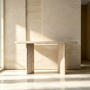 Contemporary Travertine and <b>Glass</b> <b>Console</b> <b>Table</b> with Stone Top for Residential and Commercial Interiors - Product Image 1