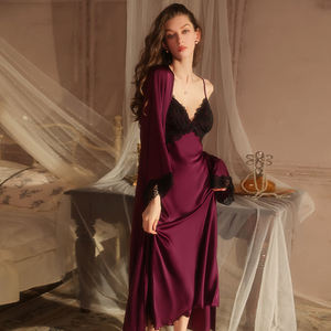 Ropa de dormir de satén de verano para mujer, dulce satén sedoso, escote en V profundo con almohadillas para sujetador, camisón largo de encaje, bata Kimono 5620 - Product Image 1