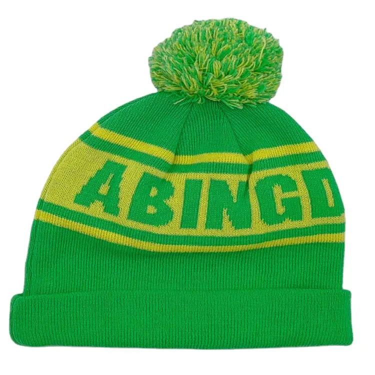 Unisex Two Tone Green/yellow Winter Acrylic Custom Jacquard Logo Comfortable Warm Pompom Knitted Beanie Cap Hat