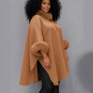 New Plus Size Cloak Custom Warm Autumn and Winter Large Fur Collar Mid Length <strong>Coat</strong> Cloak Shawl Loose Ladies Women Shawl - Product Image 2