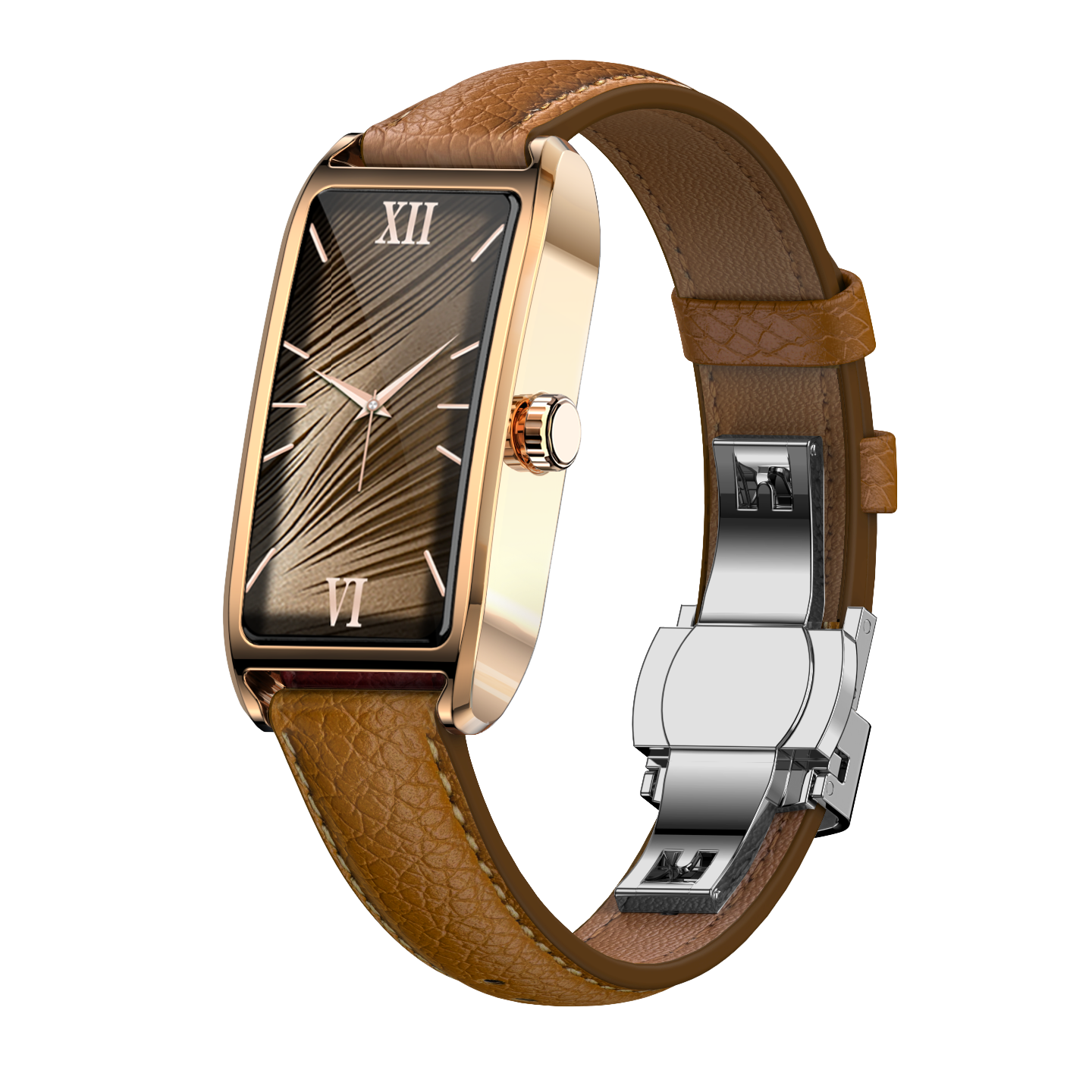 Boîtier en or rose + bracelet marron pêche