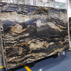 ธรรมชาติจริงสีดำกับเมทริกซ์ทองไทเทเนียมแผ่นหินแกรนิตหินแกรนิตหินหนืดทองสำหรับตู้ด้านบน