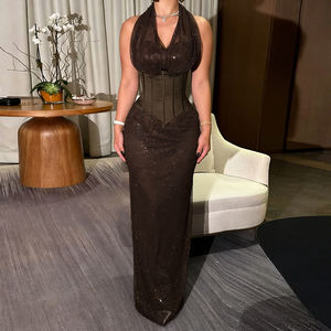 Robe de soirée vintage à sequins pour femme, col halter, décolleté en V, taille cintrée, élégante, robe de soirée à bretelles avec empiècement en maille, robe longue - Product Image 4
